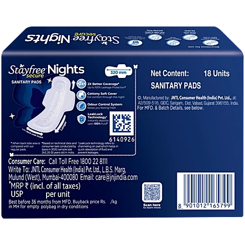 STAYFREE Secure Nights Sanitary Pads - XXL, 18 pcs