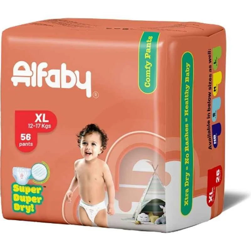 Alfaby Baby Diapers | XS to XL sizes | Super Dry Comfy Pants | Long Lasting Dryness | Leak Proof Diapers | Uninterrupted Baby Sleep | Comfortable Fit | 12 hrs protection (Xl, 56.00)