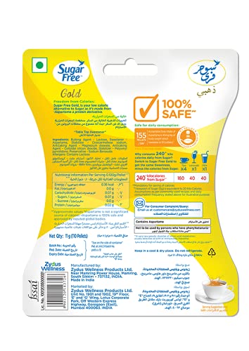 Sugar Free Gold, 100 Pellets| India’s No.1 Sweetner| Sweet like Sugar with Low Calories| Scientifically Proven & Tested