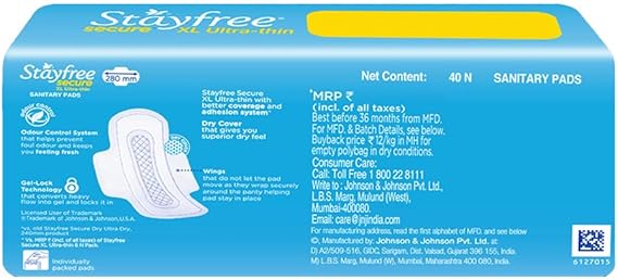 Stayfree Secure XL Ultra Thin Dry Cover Sanitary Pads For Women With Wings, 40 Pads