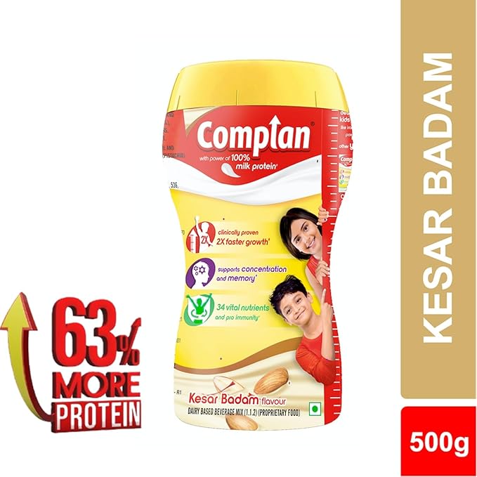 Complan Nutrition Drink Powder for Children, Kesar Badam Flavour, 500 g Jar  + Free Shaker