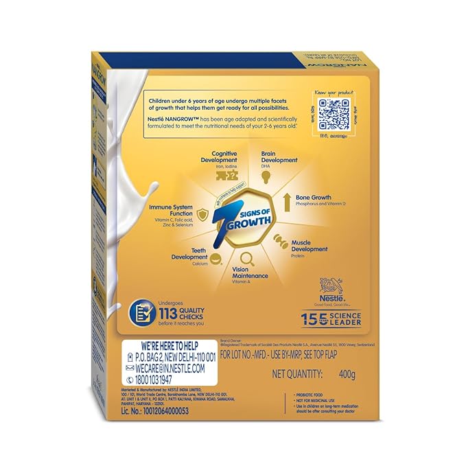 Nangrow Nutritious Milk Drink Powder For Growing Children Toddler Aged 2-6 Years | Contains DHA | Rich In Protein & Vital Nutrients | Creamy Vanilla Flavor, 400g, BIB Pack ( Package May Vary )