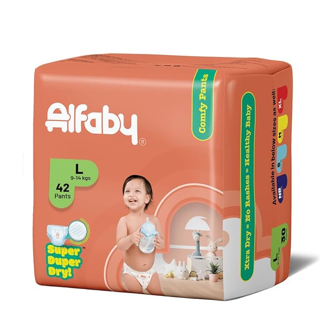 Alfaby Baby Diapers | XS to XL sizes | Super Dry Comfy Pants | Long Lasting Dryness | Leak Proof Diapers | Uninterrupted Baby Sleep | Comfortable Fit | 12 hrs protection (XS to XL sizes) (L, 56.00)
