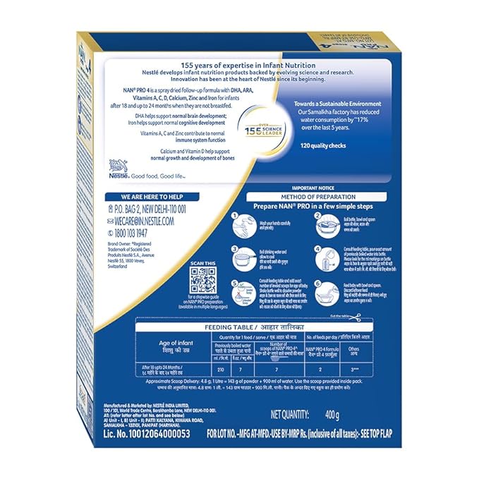 NAN PRO Stage 4 Follow-Up Formula Milk Powder For Babies (After 18 Months Upto 24 Months), With Dha-Ara, 400g Bag-In-Box Pack, Infant