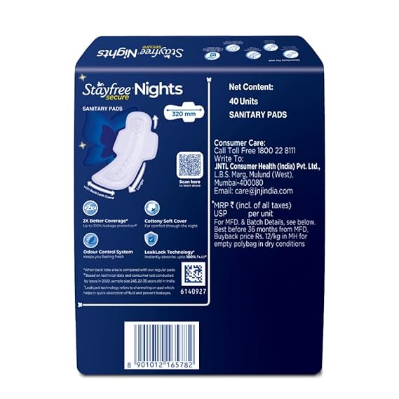 Stayfree Secure Nights XXL | 40 Pads| Cottony Soft Sanitary Pads for Women | Upto 100% leakage protection