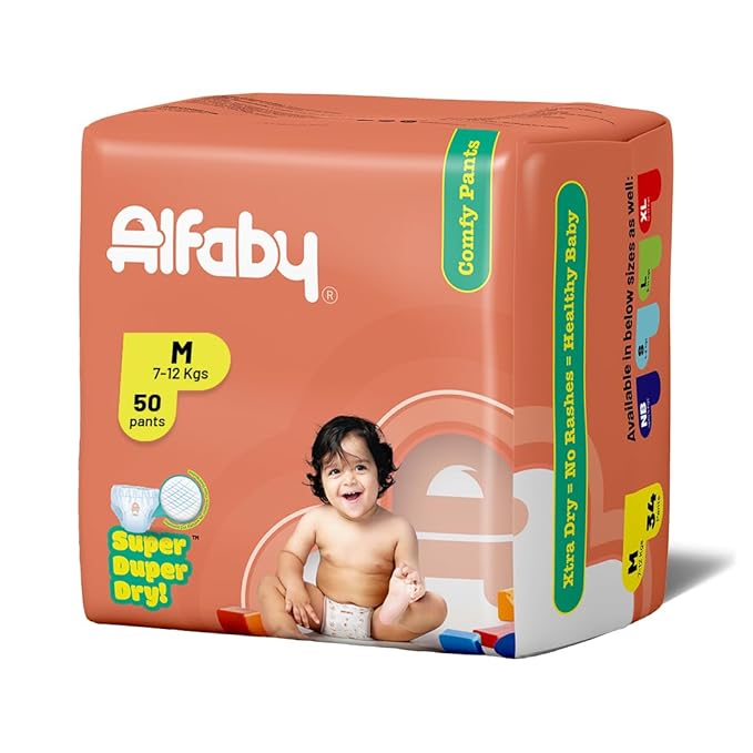 Alfaby Baby Diapers | XS to XL sizes | Super Dry Comfy Pants | Long Lasting Dryness | Leak Proof Diapers | Uninterrupted Baby Sleep | Comfortable Fit | 12 hrs protection (XS to XL sizes) (M, 50.00)