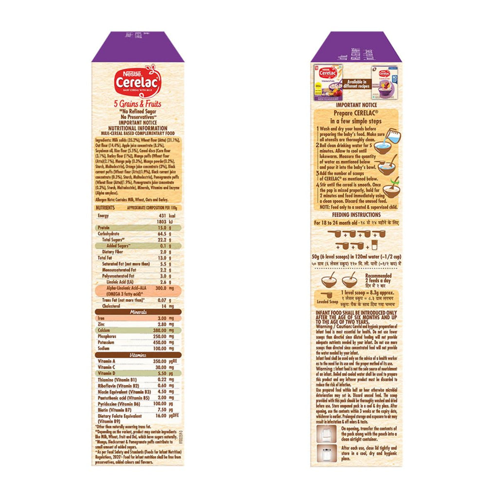 CERELAC Baby Food Cereal | No Refined Sugar | No Preservatives | 5 Grains & Fruits for 18 to 24 Months Baby | Omega 3 Iron Protein Calcium Vitamin D for Babies | Instant Cereal | 300g