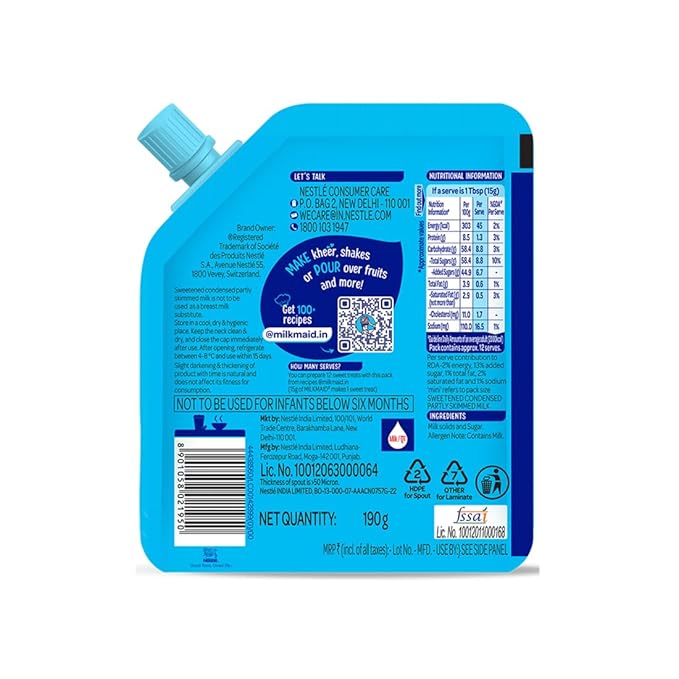 Milkmaid Nestle Mini Sweetened Liquid Condensed Milk, 190 G, Doy Pack