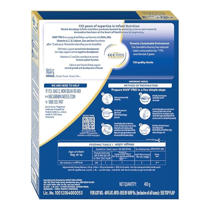 NAN PRO Stage 3 Follow-Up Formula Milk Powder For Babies (After 12 Months Upto 18 Months), With Dha-Ara, 400g Bag-In-Box Pack, Infant