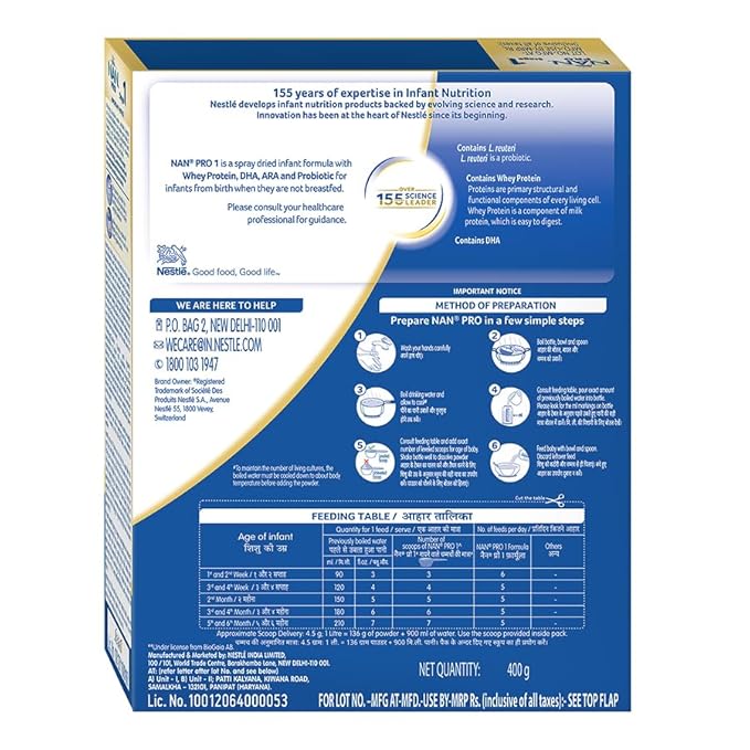 NAN PRO Stage 1 Infant Formula Milk Powder for babies (Up to 6 months) - with Probiotic, 400g Bag-In-Box Pack