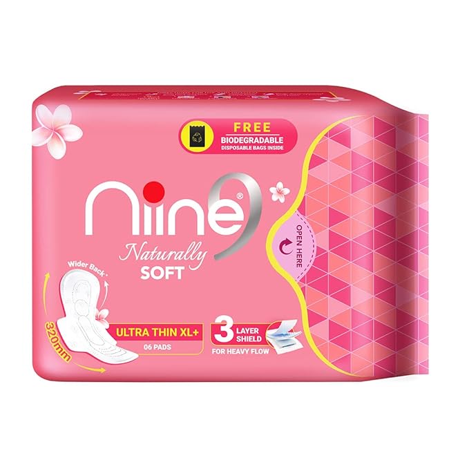 NIINE Naturally Soft Ultra Thin XL+, Sanitary Napkins for HEAVY FLOW with Free Disposal Bags Inside (Pack of 3), (3*6 =18) Pads
