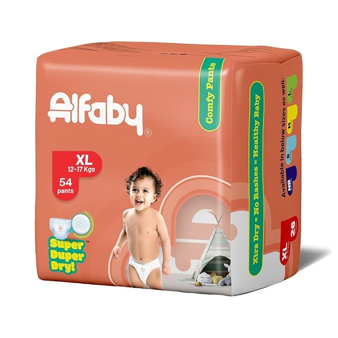 Alfaby Baby Diapers | XS to XL sizes | Super Dry Comfy Pants | Long Lasting Dryness | Leak Proof Diapers | Uninterrupted Baby Sleep | Comfortable Fit | 12 hrs protection (XS to XL sizes) (Xl, 54.00)