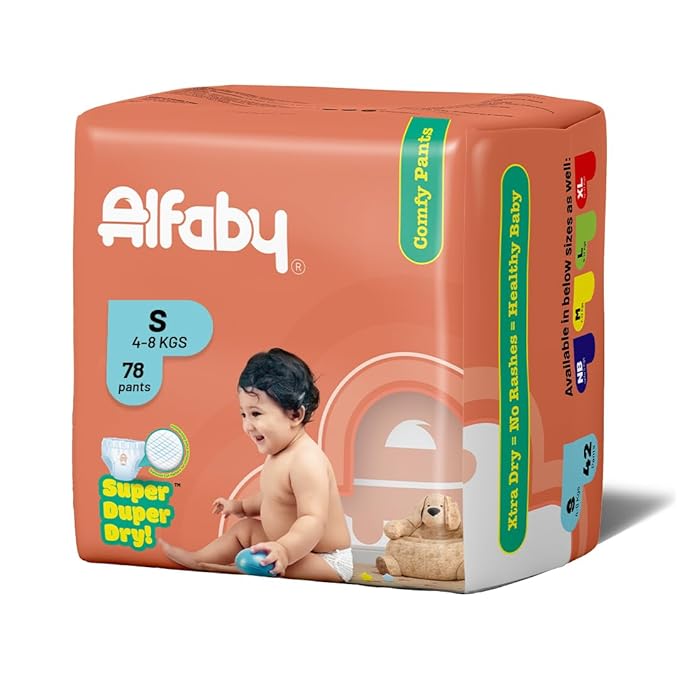 Alfaby Baby Diapers | S size | Super Dry Comfy Pants | Long Lasting Dryness | Leak Proof Diapers | Uninterrupted Baby Sleep | Comfortable Fit | 12 hrs protection (S-78)