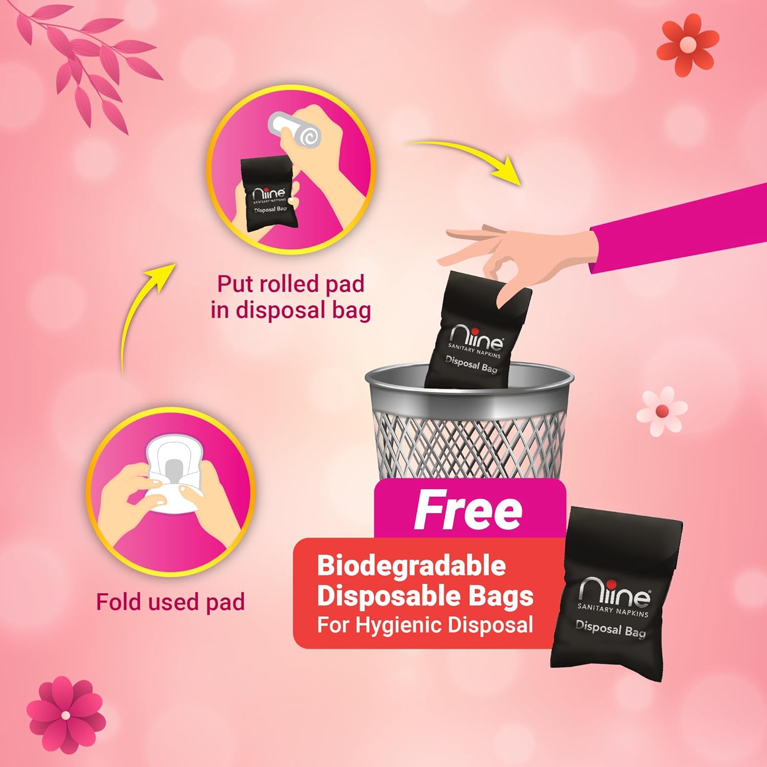 NIINE Naturally Soft Ultra Thin XL+, Sanitary Napkins for HEAVY FLOW with Free Disposal Bags Inside (Pack of 3), (3*6 =18) Pads