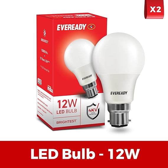 Eveready 12W LED Bulb, Cool White Day Light (6500K), B22 Base, Energy-Efficient, 4kV Surge Protection, Long-Lasting Durability,