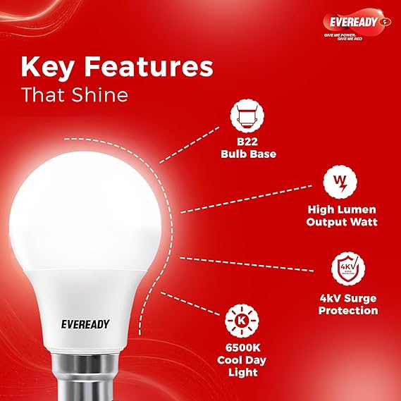Eveready 12W LED Bulb, Cool White Day Light (6500K), B22 Base, Energy-Efficient, 4kV Surge Protection, Long-Lasting Durability,
