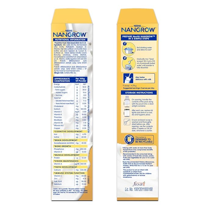 Nangrow Nutritious Milk Drink Powder For Growing Children Toddler Aged 2-6 Years | Contains DHA | Rich In Protein & Vital Nutrients | Creamy Vanilla Flavor, 400g, BIB Pack ( Package May Vary )