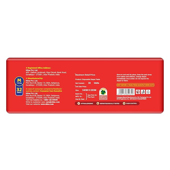 Niine Baby Diaper Pants Medium(M) Size (7-12 KG) (Pack of 1) 5 Pants for Overnight Protection with Rash Control