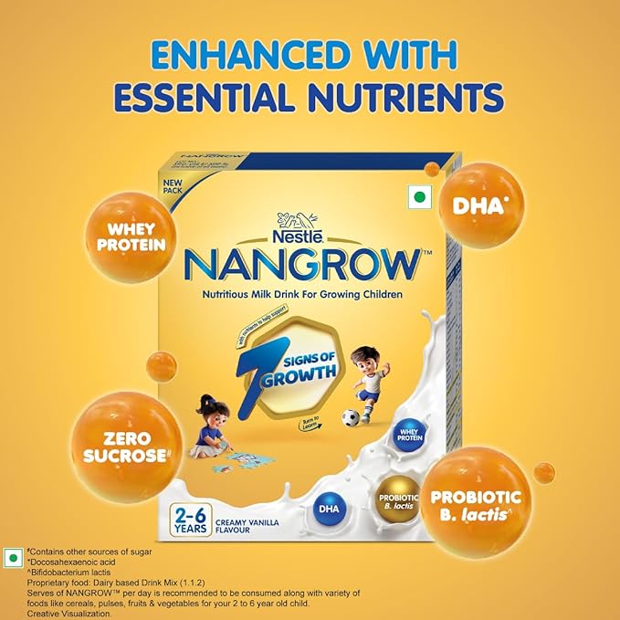 Nangrow Nutritious Milk Drink Powder For Growing Children Toddler Aged 2-6 Years | Contains DHA | Rich In Protein & Vital Nutrients | Creamy Vanilla Flavor, 400g, BIB Pack ( Package May Vary )