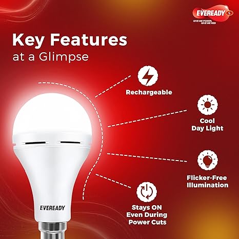 Eveready 9W Emergency Inverter LED Bulb, Cool Day Light (6500K), Rechargeable Bulb with 3 Hours Backup, Ideal for Powercuts, Energy Efficient, B22 Base,