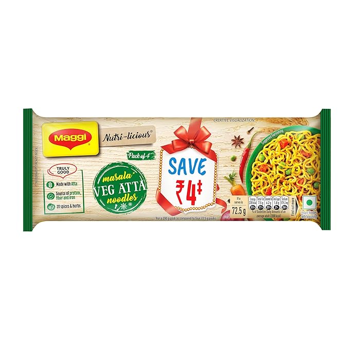 MAGGI Nutri-licious Masala Veg Atta Noodles, Instant Noodles with 20 Spices & Herbs, Source of Fibre, Protein & Iron, 290g