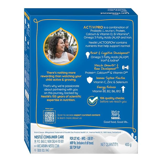 Nestle LACTOGROW Nutritious Milk Drink Powder | Biscuity Vanilla Flavour (2 - 6 Years), 400g, Bag-In-Box Pack