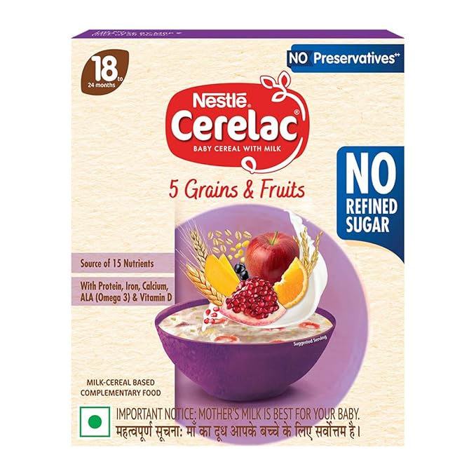 CERELAC Baby Food Cereal | No Refined Sugar | No Preservatives | 5 Grains & Fruits for 18 to 24 Months Baby | Omega 3 Iron Protein Calcium Vitamin D for Babies | Instant Cereal | 300g