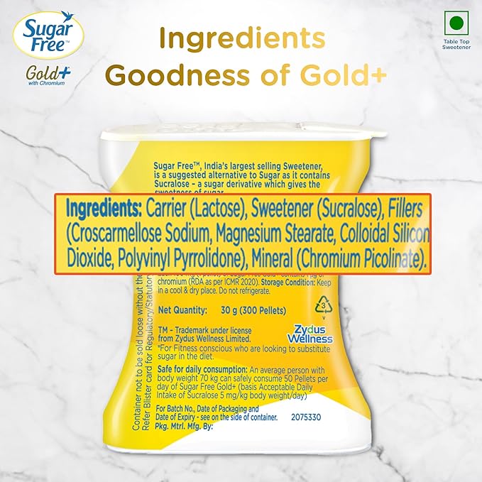 Sugar Free Gold, 500 Pellets| India s No.1 Sweetner| Sweet like Sugar with Low Calories| Scientifically Proven & Tested 30g