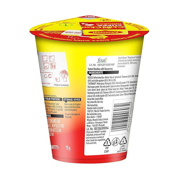 MAGGI Instant Cuppa Noodles, Chilly Chow | Slurpy Saucy Taste With Extra Veggies, Vegetarian, 70 Gm