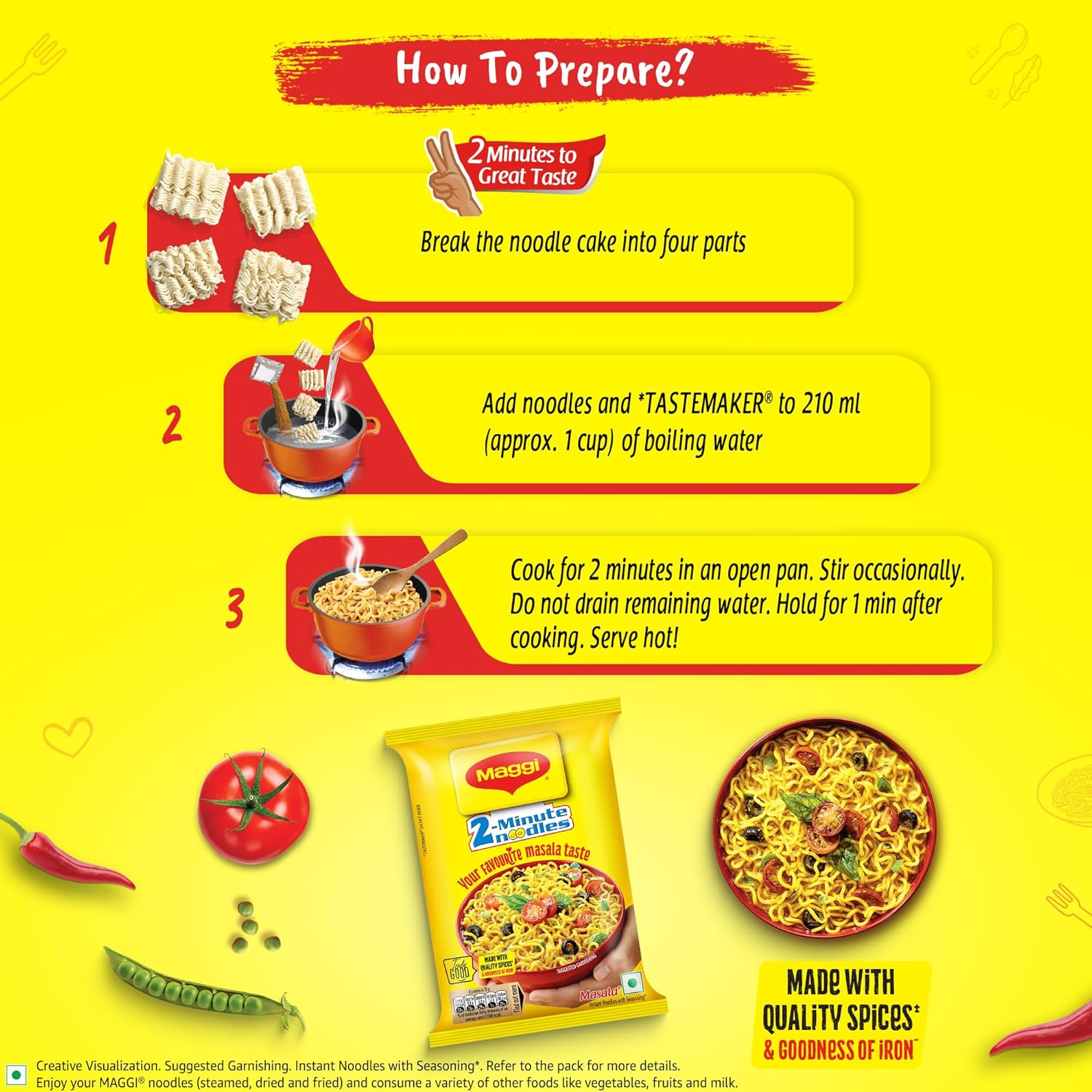 MAGGI 2-Minute Instant Noodles, Masala Noodles With Goodness Of Iron, Made With Choicest Quality Spices, Favourite Masala Taste, 70g Pouch