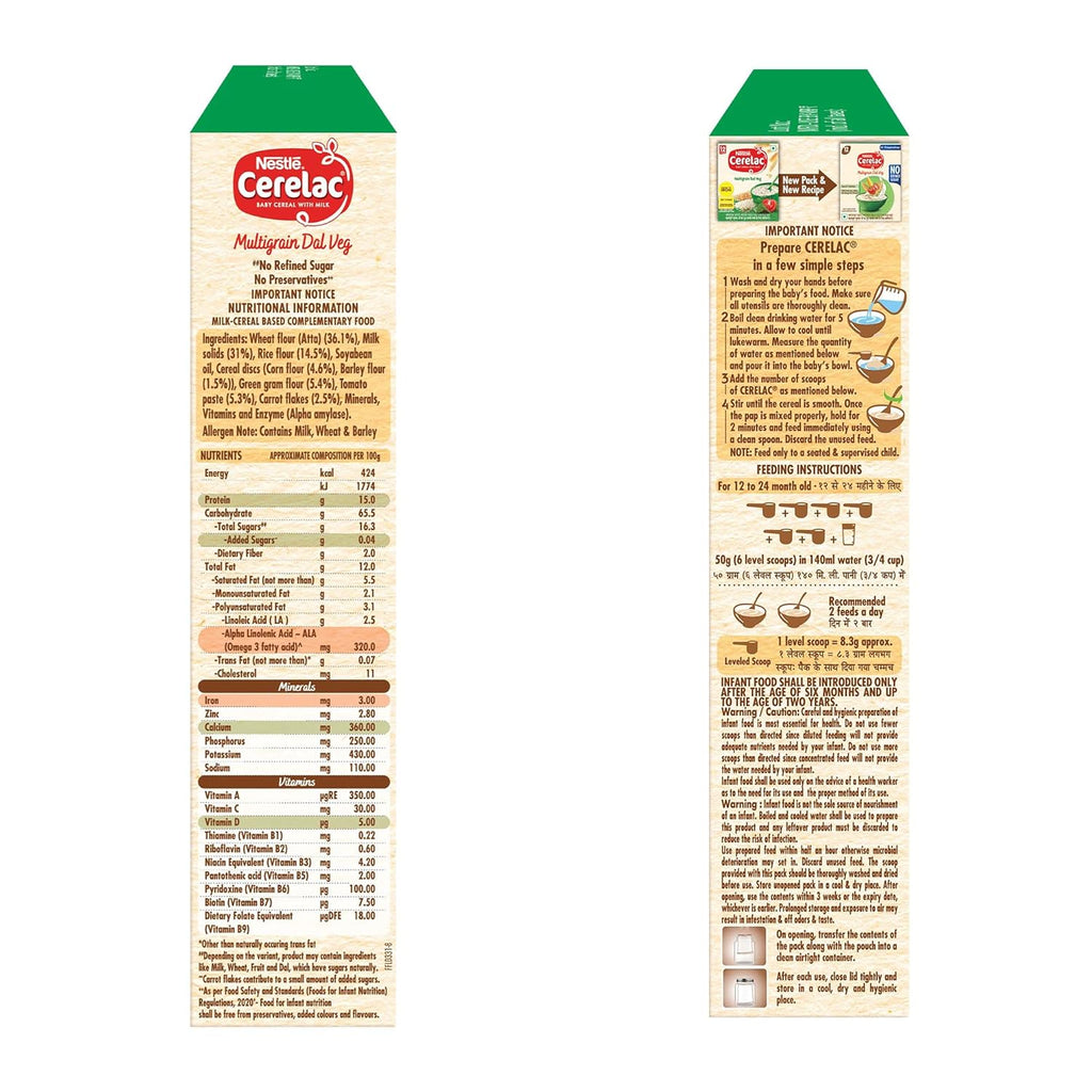 CERELAC Baby Food Cereal | No Refined Sugar | No Preservatives | Multigrain Dal Veg for 12 to 24 Months Baby | Omega 3 Iron Protein Calcium Vitamin D for Babies | Instant Cereal | 300g