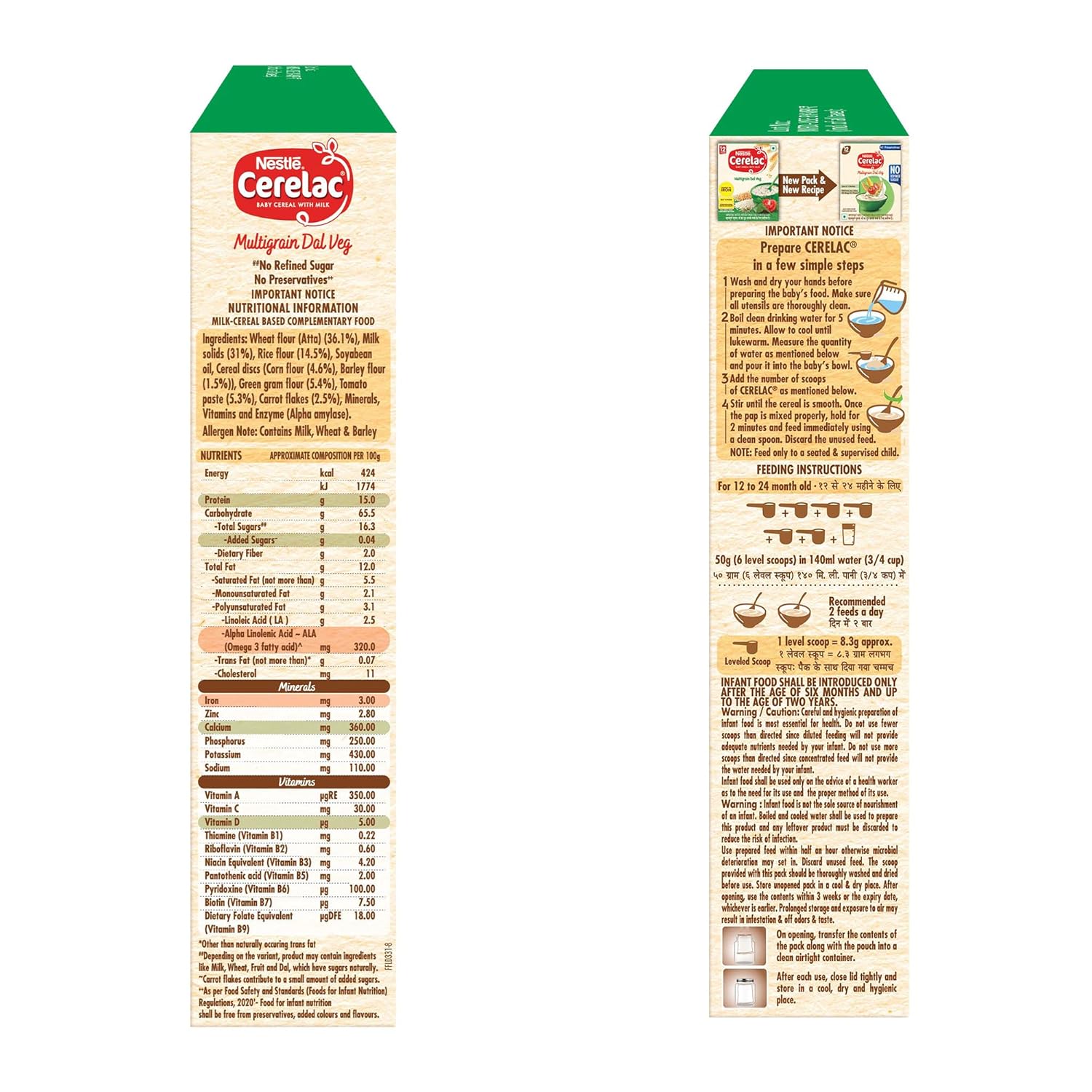 CERELAC Baby Food Cereal | No Refined Sugar | No Preservatives | Multigrain Dal Veg for 12 to 24 Months Baby | Omega 3 Iron Protein Calcium Vitamin D for Babies | Instant Cereal | 300g
