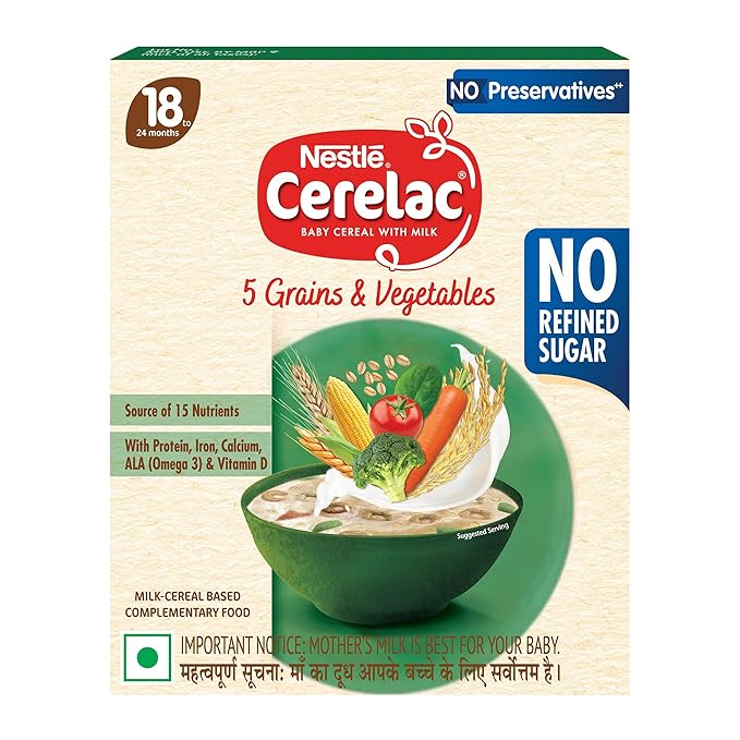 ERELAC Baby Food Cereal | No Refined Sugar | No Preservatives | 5 Grains & Vegetables for 18 to 24 Months Baby | Omega 3 Iron Protein Calcium Vitamin D for Babies | Instant Cereal | 300g