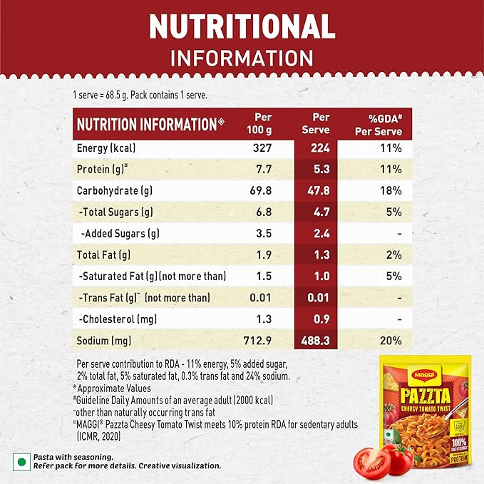 PAZZTA Maggi Instant Pasta - Cheesy Tomato Twist, 68.5 G Pouch,Vegetarian