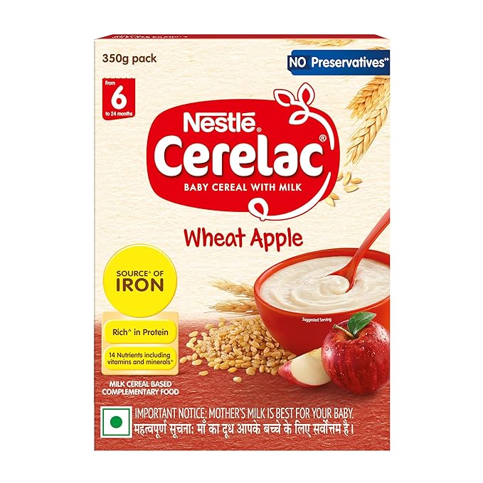 CERELAC Baby Food Cereal | No Preservatives | Wheat Apple for 6 to 24 Months Baby | Source of Iron & Protein for Babies | Instant Cereal | 350g
