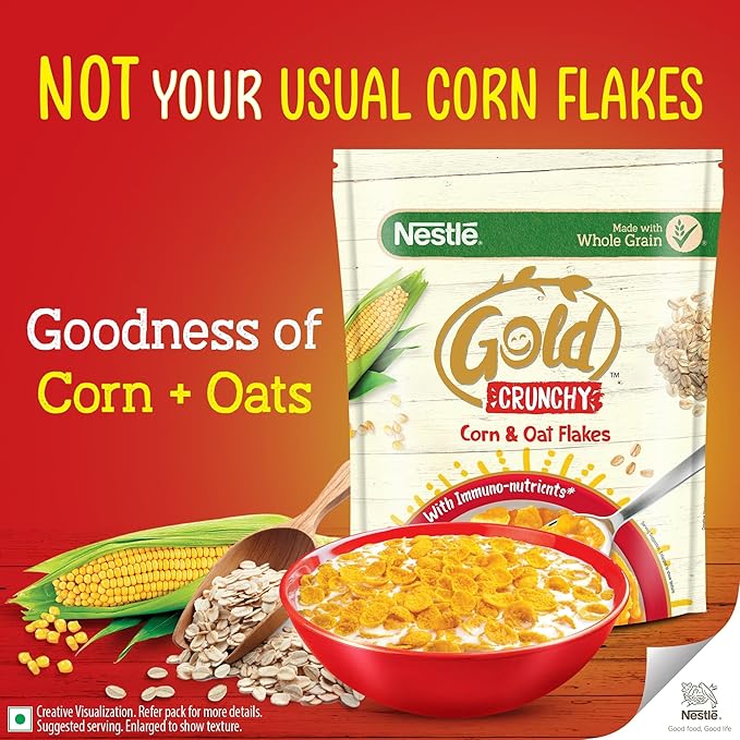 Nestlé Gold Crunchy Corn & Oat Flakes - Breakfast Cereal with Immuno-Nutrients | Made with Whole Grains & The Goodness Of B Vitamins, Calcium & Vitamin D, No Added Colours & Flavours, 230g, Pouch