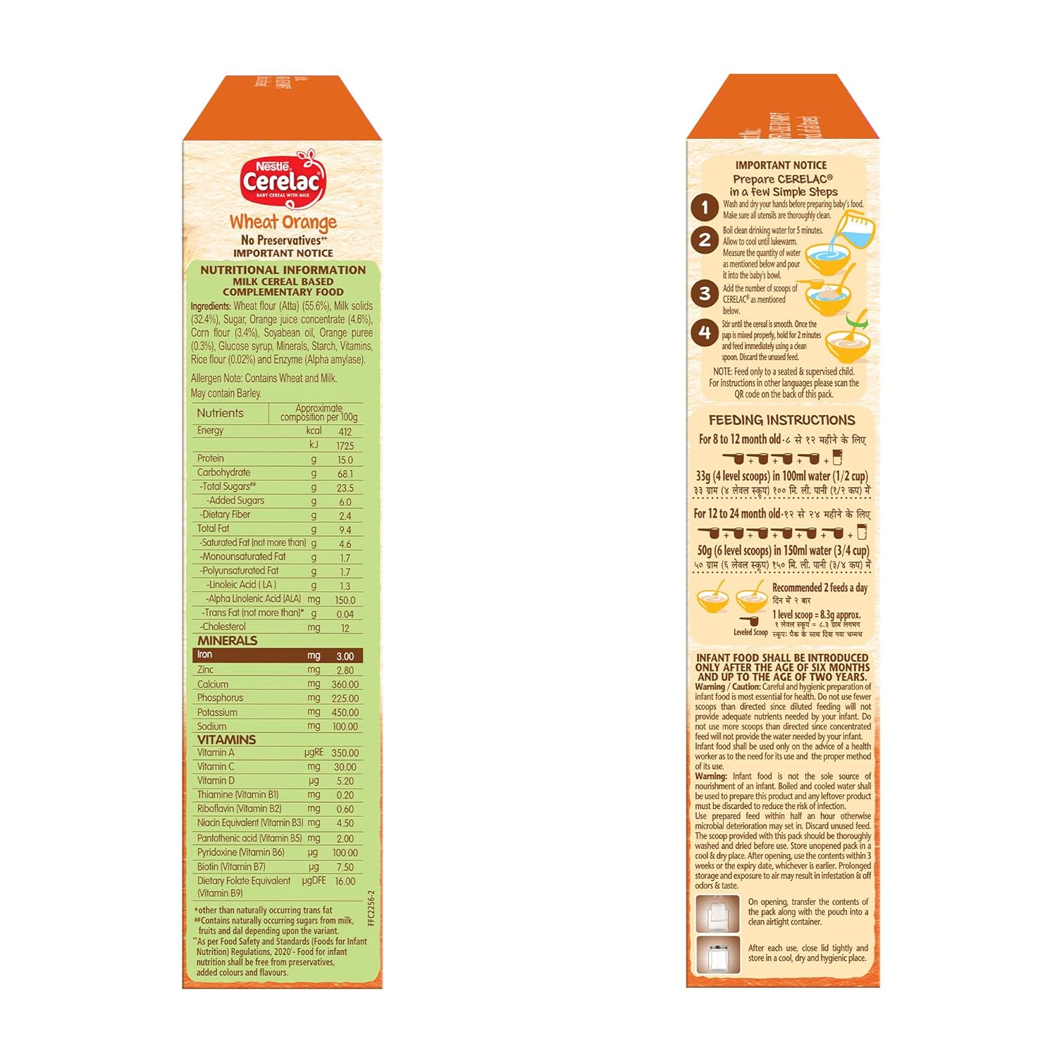 CERELAC Baby Food Cereal | No Preservatives | Wheat Orange for 8 to 24 Months Baby | Source of Iron & Protein for Babies | Instant Cereal | 300g