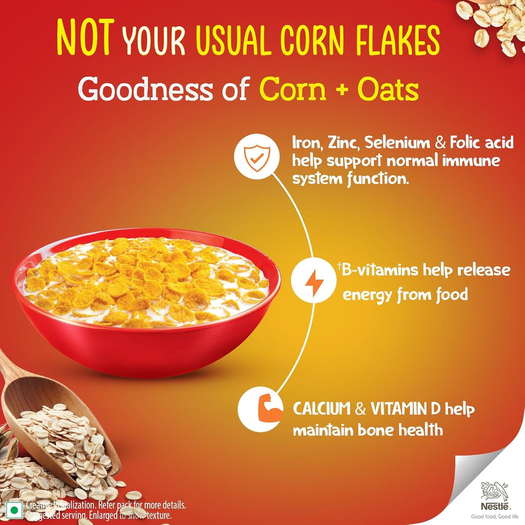 Nestlé Gold Crunchy Corn & Oat Flakes - Breakfast Cereal with Immuno-Nutrients | Made with Whole Grains & The Goodness Of B Vitamins, Calcium & Vitamin D, No Added Colours & Flavours, 230g, Pouch