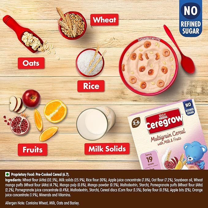 CEREGROW with NO Refined Sugar | Multigrain Cereal with Milk & Fruits | with Iron, Omega 3, Protein, Calcium | 19 Nutrients | 300g, Bag-in-Box Pack