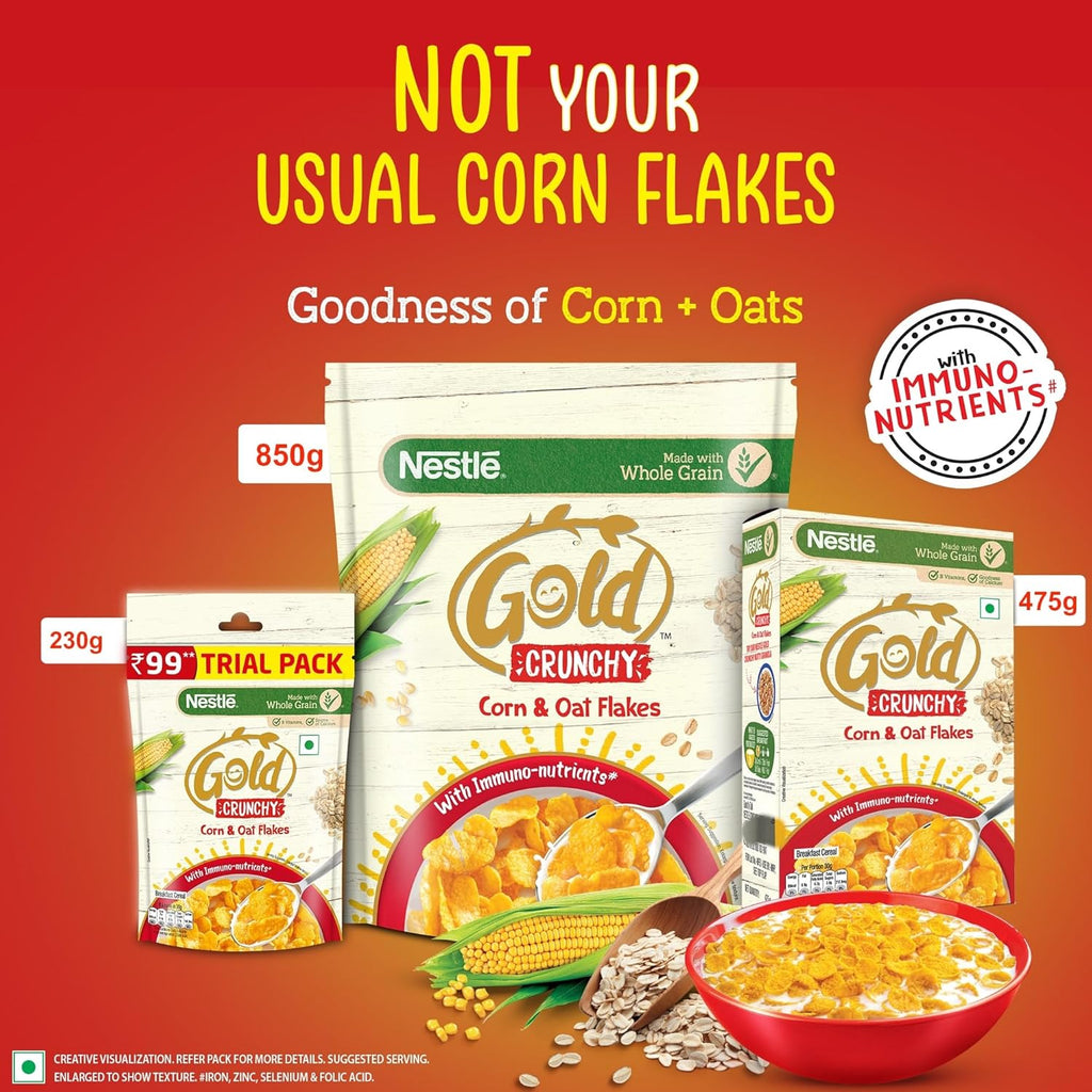 Nestlé Gold Crunchy Corn & Oat Flakes - Breakfast Cereal with Immuno-Nutrients | Made with Whole Grains & The Goodness Of B Vitamins, Calcium & Vitamin D, No Added Colours & Flavours, 230g, Pouch