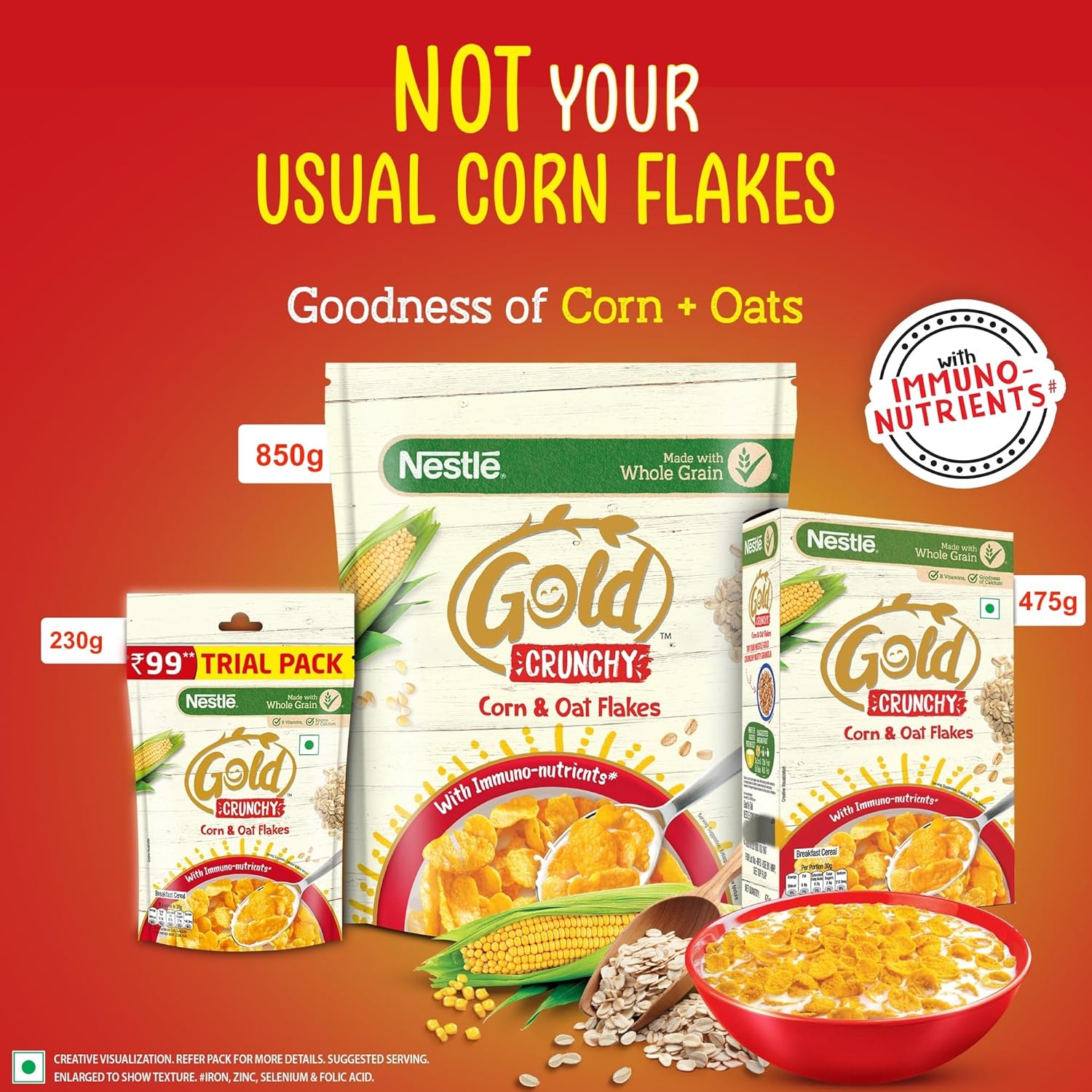 Nestlé Gold Crunchy Corn & Oat Flakes - Breakfast Cereal with Immuno-Nutrients | Made with Whole Grains & The Goodness Of B Vitamins, Calcium & Vitamin D, No Added Colours & Flavours, 230g, Pouch