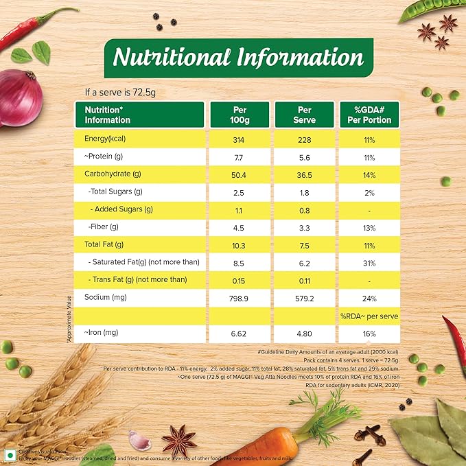 MAGGI Nutri-licious Masala Veg Atta Noodles, Instant Noodles with 20 Spices & Herbs, Source of Fibre, Protein & Iron, 290g