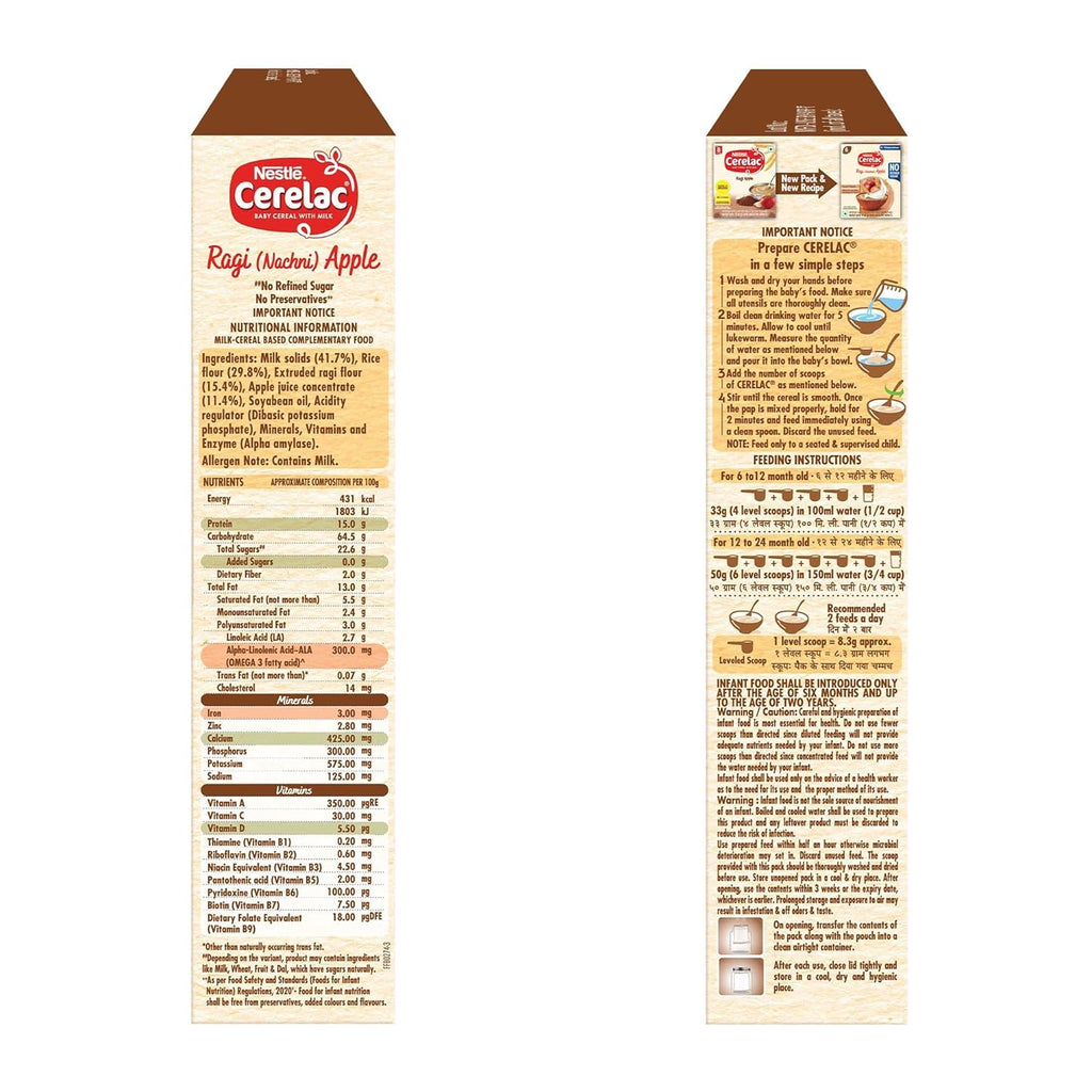 CERELAC Baby Food Cereal | No Refined Sugar | No Preservatives | Ragi (Nachni) Apple for 6 to 24 Months Baby | Omega 3 Iron Protein Calcium Vitamin D for Babies | Instant Cereal | 300g