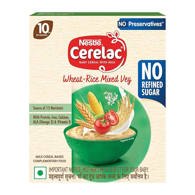CERELAC Baby Food Cereal | No Refined Sugar | No Preservatives | Wheat Rice Mixed Veg for 10 to 24 Months Baby | Omega 3 Iron Protein Calcium Vitamin D for Babies | Instant Cereal | 300g