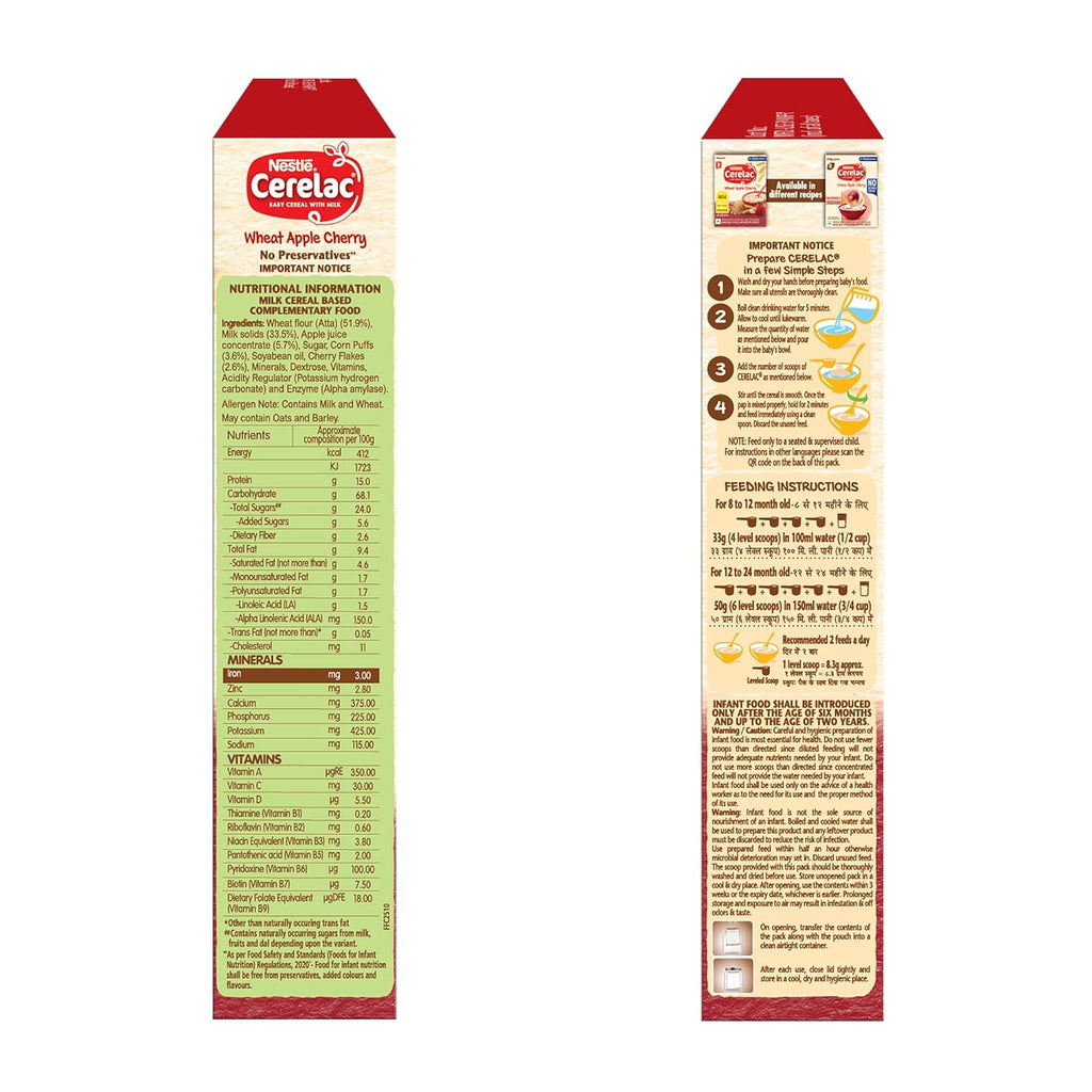 CERELAC Baby Food Cereal | No Preservatives | Wheat Apple Cherry for 8 to 24 Months Baby | Source of Iron & Protein for Babies | Instant Cereal | 350g