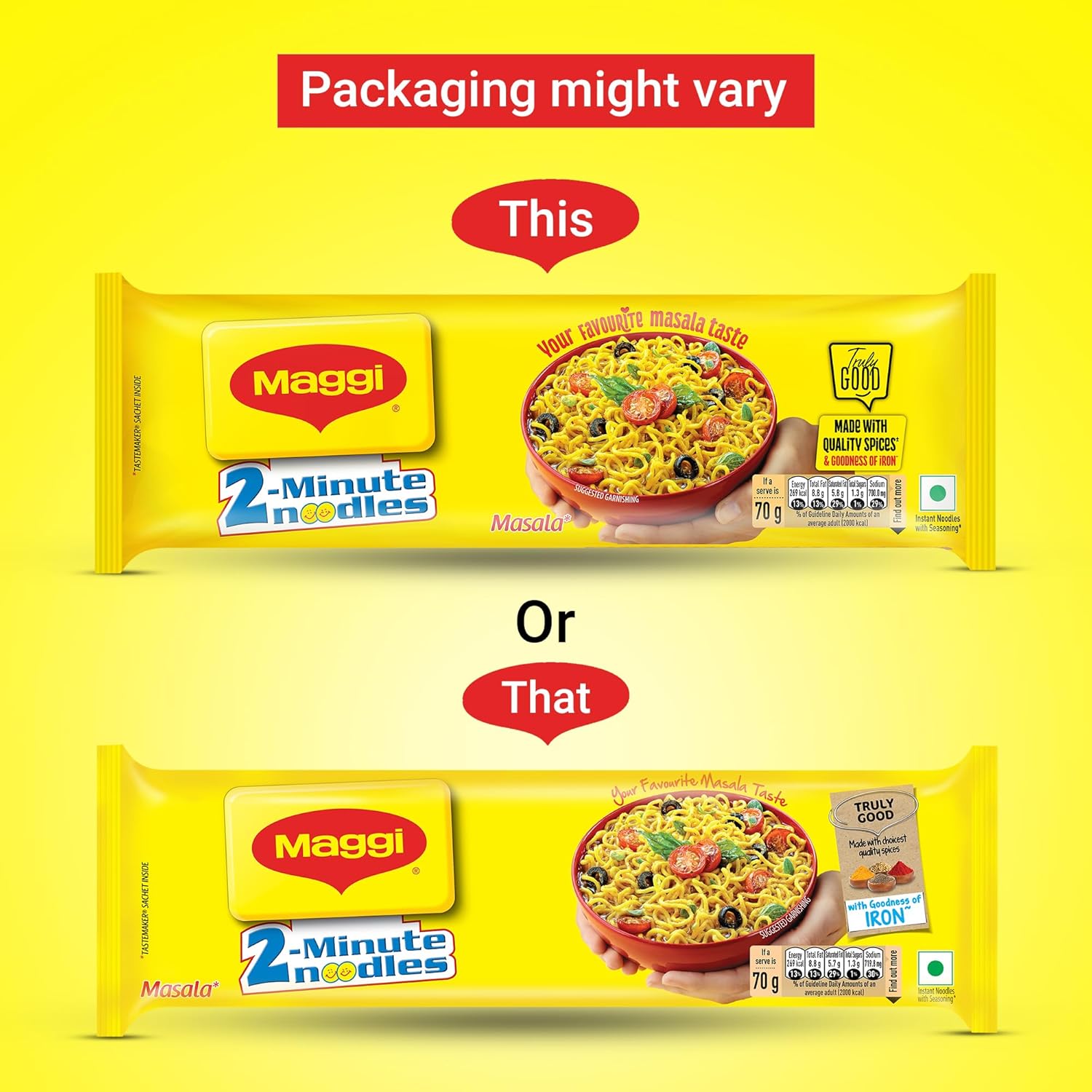 MAGGI 2-Minute Instant Noodles, Masala Noodles With Goodness Of Iron, Made With Choicest Quality Spices, Favourite Masala Taste, 560g Pouch