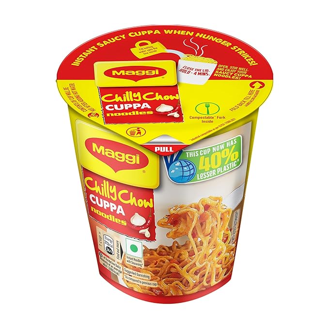 MAGGI Instant Cuppa Noodles, Chilly Chow | Slurpy Saucy Taste With Extra Veggies, Vegetarian, 70 Gm