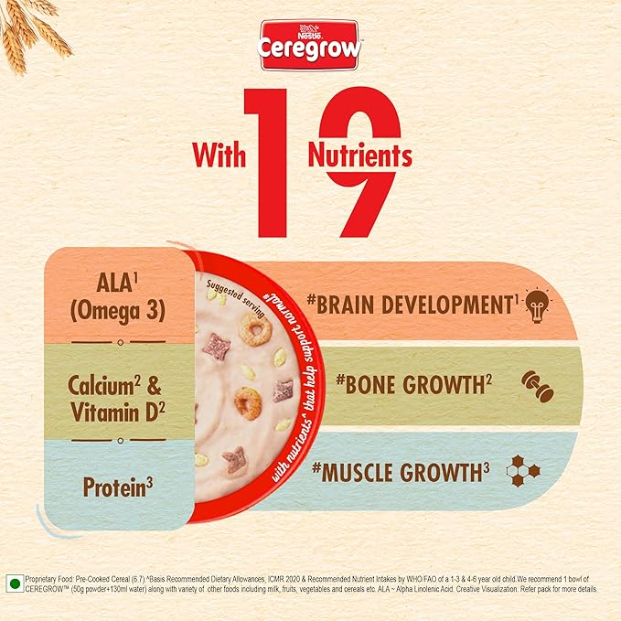 CEREGROW with NO Refined Sugar | Multigrain Cereal with Milk & Fruits | with Iron, Omega 3, Protein, Calcium | 19 Nutrients | 300g, Bag-in-Box Pack