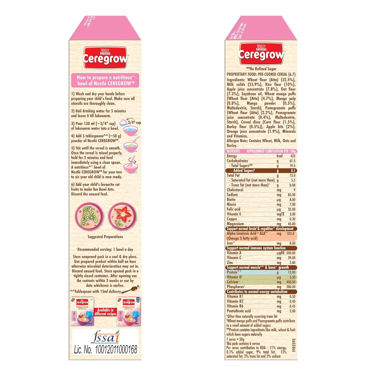 CEREGROW with NO Refined Sugar | Multigrain Cereal with Milk & Fruits | with Iron, Omega 3, Protein, Calcium | 19 Nutrients | 300g, Bag-in-Box Pack