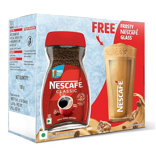 Nescafe Classic Instant Coffee Powder | Indulge In A Delicious NESCAFE Cold Coffee At Home | Jar with Free Frosty Cafe Glass Inside | 190 G/180 G Jar (Weight May Vary)